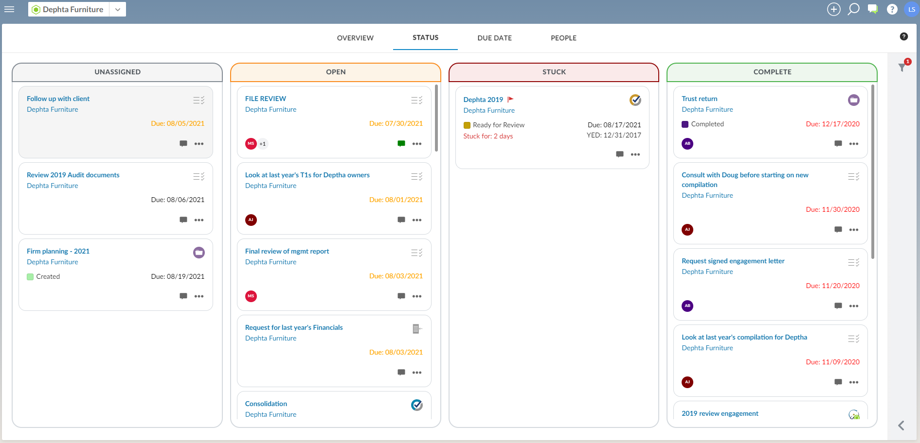 The Complete column on the Status view page.